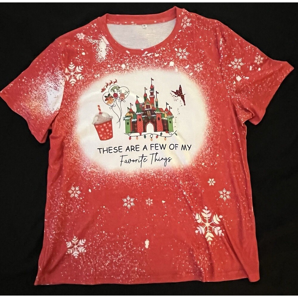 Disney Christmas Shirt XL Red Bleached My Favorite Things Castle Holiday Graphic